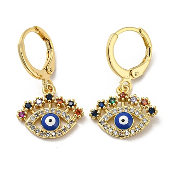 Evil Eye Real 18K Gold Plated Brass Dangle Leverback Earrings, with Enamel and Cubic Zirconia, Blue, 25.5x15mm