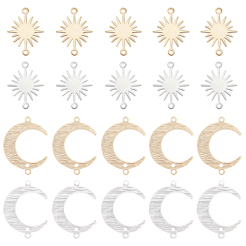 32Pcs 4 Styles Brass Connector Charms Sets, Moon & Sun Links, Mixed Color, 13~16.5x17.5~22x0.7~0.8mm, Hole: 1.2mm, 8pcs/style