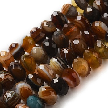 Natural Banded Agate/Striped Agate Beads Strands, Dyed & Heated, Faceted Rondelle, Coconut Brown, 10x6mm, Hole: 1mm, about 58pcs/strand, 15.35''(39cm)