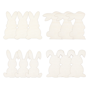 Globleland 12Pcs 4 Style Unfinished Wood Slices, Wood Cutouts, for Painting, Rabbit, Easter Theme, Blanched Almond, 25x14.3~16.4x0.2cm, 3pcs/style