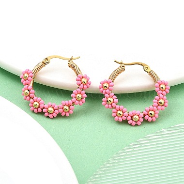 304 Stainless Steel & Bohemian Beaded Flower Hoop Earrings for Women(EJEW-R001-02G-03)-5