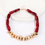 Resin & CCB Plastic & Alloy Beaded Necklaces, Column & Nuggets, Golden, Dark Red, 16.14 inch(41cm)(FS-WG89AB9-02)