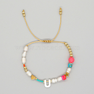 Initial Letter Natural Pearl Braided Bead Bracelet, Adjustable Bracelet, Letter U, 11 inch(28cm)(LO8834-21)