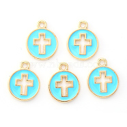 Light Gold Plated Alloy Enamel Pendants, Flated Round with Cross, Cyan, 15x12x1.5mm, Hole: 1.6mm(X-ENAM-R136-18D)