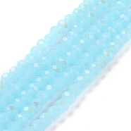 Electroplate Glass Beads Strands, Imitation Jade Beads, Half Plated, Rainbow Plated, Faceted, Rondelle, Light Sky Blue, 3.5x3mm, Hole: 0.4mm, about 113~115pcs/strand, 32~33cm(EGLA-A034-J3mm-L06)
