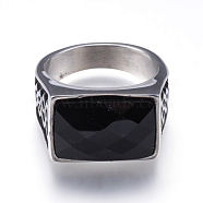 304 Stainless Steel Wide Band Rings, with Natural Black Agate, Rectangle, Antique Silver, Size 10, 20mm(RJEW-G092-23-20mm)