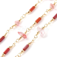 Handmade Brass & Synthetic Cherry Quartz Glass & Glass Tube Beaded Chain for Necklaces Bracelets Making, Long-Lasting Plated, Soldered, with Spool, Golden, Link: 19~20x2.5~10mm, about 16.40 Feet(5m)/Roll(CHC-F019-03G)