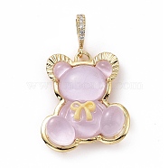 Translucent Resin Pendants, Bear with Bowknot Charm, with Brass Micro Pave Clear Cubic Zirconia, Cadmium Free & Lead Free, Real 18K Gold Plated, Plum, 28x25x8mm, Hole: 4.5x7mm(KK-G406-50G-05)