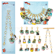 Knitting Row Counter Chains & Locking Stitch Markers Kits, with Cat & Pot Alloy Enamel Pendant and Acrylic Beads, Mixed Color, 3.9~28.5cm, 14pcs/set(HJEW-AB00509)