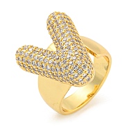 Brass Micro Pave Clear Cubic Zirconia Letter Open Cuff Ring for Women, Real 18K Gold Plated, Letter V, 22x19mm, Inner Diameter: 21mm(RJEW-M173-01G-V)