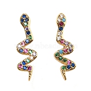 Rack Plating Brass Snake Stud Earrings with Cubic Zirconia, Lead Free & Cadmium Free, Real 18K Gold Plated, 18x5.5mm(EJEW-D061-62G)