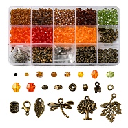 DIY Thanksgiving Day Jewelry Making Finding Kit, Including Glass Seed & Acrylic Bicone & Alloy Spacer Beads, Tree & Dragonfly & Leaf Alloy Pendant, Mixed Color, 3mm, Hole: 1mm, 12g/color(DIY-FS0004-53)