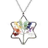 Natural Gemstone Chip Star of David & Tree of Life Pendant Necklaces, Cable Chain Necklace for Women, 20-7/8 inch(53cm)(WG17190-01)