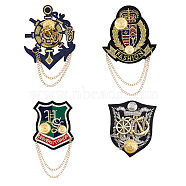 4Pcs 4 Style Anchor & Shield & Word Alloy Brooch Pins, Chain Tassel Badges for Suit Shirt Collar, Platinum & Golden, 71~125mm, Pin: 0.6mm, 1Pc/style(JEWB-FH0001-16)