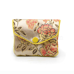 Chinese Style Rectangle Cloth Zipper Pouches, with Flower Pattern and Snap Button, Old Lace, 6.5x7.5cm(CON-PW0001-091A-03)