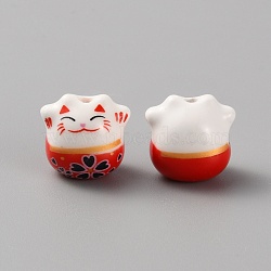 Handmade Porcelain Beads, Famille Rose Porcelain, for DIY Accessories, Fortune Cat, Red, 13x14x11mm, Hole: 2mm(PORC-WH0006-02G)