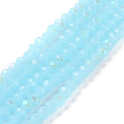 Electroplate Glass Beads Strands, Imitation Jade Beads, Half Plated, Rainbow Plated, Faceted, Rondelle, Light Sky Blue, 3.5~3.8x3mm, Hole: 0.4mm, about 113~115pcs/strand, 32~33cm(EGLA-A034-J3mm-L06)