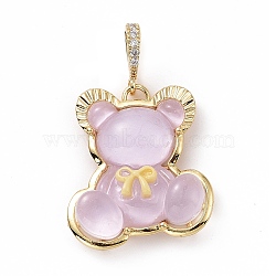 Translucent Resin Pendants, Bear with Bowknot Charm, with Brass Micro Pave Clear Cubic Zirconia, Cadmium Free & Lead Free, Real 18K Gold Plated, Plum, 28x25x8mm, Hole: 4.5x7mm(KK-G406-50G-05)