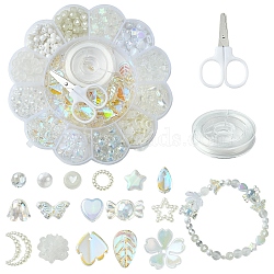 DIY Acrylic Flower Beaded Stretch Bracelet with Leaf Charms Making Kits, with Scissors, Clear, 8mm, Hole: 2mm(DIY-YW0008-88)