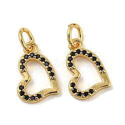 Rack Plating Brass Micro Pave Black Cubic Zirconia Pendants, with Jump Ring, Cadmium Free & Lead Free, Long-Lasting Plated, Heart, Real 18K Gold Plated, 13x8.5x2mm, Hole: 3.4mm(KK-A200-18G)
