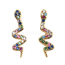 Rack Plating Brass Snake Stud Earrings with Cubic Zirconia, Lead Free & Cadmium Free, Real 18K Gold Plated, 18x5.5mm(EJEW-D061-62G)