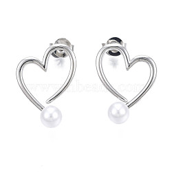 Brass Open Heart Stud Earrings with ABS Plastic Pearl for Women, Nickel Free, Real Platinum Plated, 18x13.5mm, Pin: 0.8mm(EJEW-N011-54P)