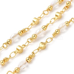 Handmade Oval Glass Beaded Chains, Real 18K Gold Plated Brass Link Chains, Soldered, with Spool, Cadmium Free & Lead Free, Clear, Glass Beads: 21x4mm, Link: 8.5x3.5x3mm(CHC-M024-11G)