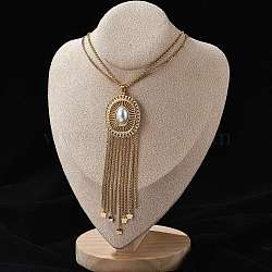 Bohemian 304 Stainless Steel & Imitation Pearl Oval Tassel Pendant Necklaces for Women, Real 18K Gold Plated, 27.80 inch(70.6cm)(NJEW-Z061-11G)