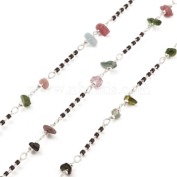 Natural Mixed Gemstone Chips Beaded Chains, with Brass Findings, Unwelded, with Spool, 19x2mm, 3~8x2~3mm(CHC-M025-64P)