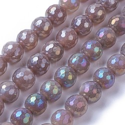 Electroplate Natural Sunstone Beads Strands, Faceted, Round, RosyBrown, 10mm, Hole: 1.2mm; about 39pcs/strand, 15.1~15.7''(38.5~40cm)(G-F627-03-D02)