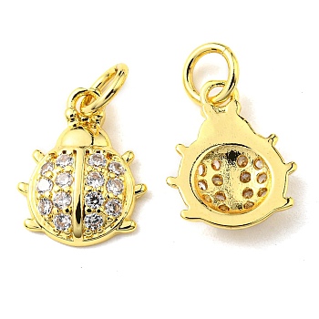Rack Plating Brass Micro Pave Cubic Zirconia Charms, with Jump Ring, Ladybugs, Real 18K Gold Plated, 12.5x10x2.4mm, Hole: 3.2mm  