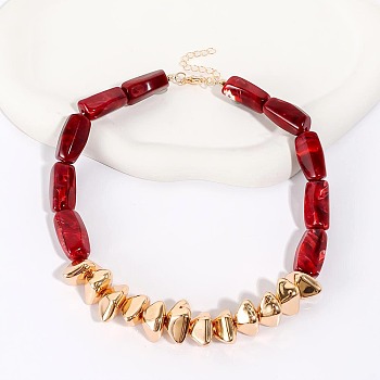 Resin & CCB Plastic & Alloy Beaded Necklaces, Column & Nuggets, Golden, Dark Red, 16.14 inch(41cm)