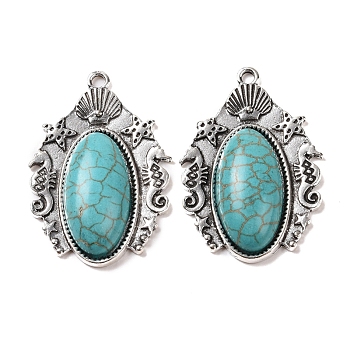 Synthetic Turquoise Pendants, Oval Charms, with Alloy Findings, Antique Silver, 39x27.5x7mm, Hole: 2mm