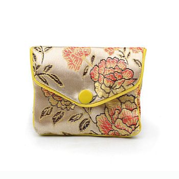 Chinese Style Rectangle Cloth Zipper Pouches, with Flower Pattern and Snap Button, Old Lace, 6.5x7.5cm