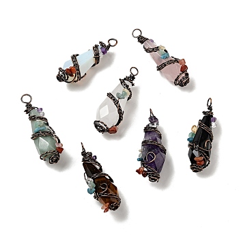 Natural & Synthetic Gemstone Pointed Big Pendants, Faceted Bullet Charm, with Red Copper Tone Brass Findings and Mixed Chip Stones, Cadmium Free & Lead Free, Mixed Dyed and Undyed, 51~55x15~17x17~19mm, Hole: 5~6mm