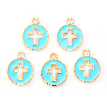 Light Gold Plated Alloy Enamel Pendants, Flated Round with Cross, Cyan, 15x12x1.5mm, Hole: 1.6mm