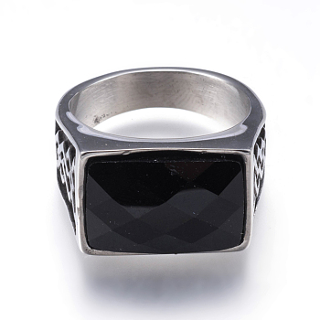 304 Stainless Steel Wide Band Rings, with Natural Black Agate, Rectangle, Antique Silver, Size 10, 20mm