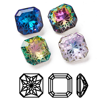 K9 Glass Rhinestone Pointed Back Cabochons, Back Plated, Faceted, Square Octagon, Flower Pattern, Mixed Color, 10x10x5.5mm