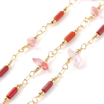 Handmade Brass & Synthetic Cherry Quartz Glass & Glass Tube Beaded Chain for Necklaces Bracelets Making, Long-Lasting Plated, Soldered, with Spool, Golden, Link: 19~20x2.5~10mm, about 16.40 Feet(5m)/Roll