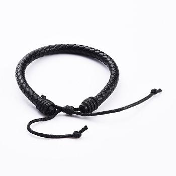Adjustable Leather Cord Braided Bracelets, with Nylon Thread Cord, Burlap Paking Pouches Drawstring Bags, Black, 2-1/8 inch~2-7/8 inch(5.4~7.4cm), 6mm