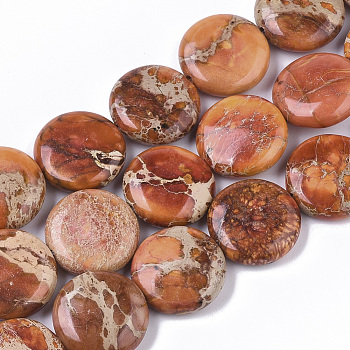 Natural Imperial Jasper Beads Strands, Dyed, Flat Round, Chocolate, 16x6mm, Hole: 1.4mm, about  25pcs/Strand, 15.55 inch(39.5cm)