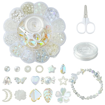 DIY Acrylic Flower Beaded Stretch Bracelet with Leaf Charms Making Kits, with Scissors, Clear, 8mm, Hole: 2mm