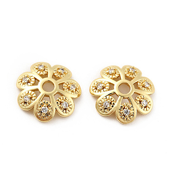 Brass Micro Pave Clear Cubic Zirconia Bead Caps, Cadmium Free & Lead Free, Multi-Petal, Flower, Golden, 12x3mm, Hole: 2mm