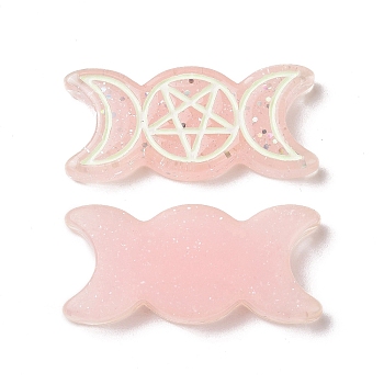 Resin Cabochons, with Glitter Powder, Religion, Triple Moon Goddess, Pink, 32.5x15x4.5mm
