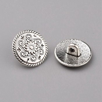 1-Hole Alloy Shank Buttons, Flat Round, Antique Silver, Flower Pattern, 15x6.5mm, Hole: 2mm