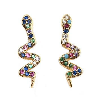 Rack Plating Brass Snake Stud Earrings with Cubic Zirconia, Lead Free & Cadmium Free, Real 18K Gold Plated, 18x5.5mm