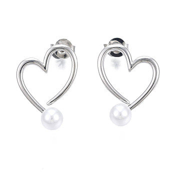 Brass Open Heart Stud Earrings with ABS Plastic Pearl for Women, Nickel Free, Real Platinum Plated, 18x13.5mm, Pin: 0.8mm
