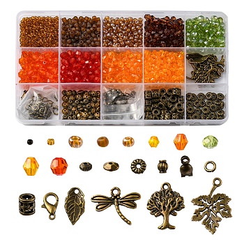 DIY Thanksgiving Day Jewelry Making Finding Kit, Including Glass Seed & Acrylic Bicone & Alloy Spacer Beads, Tree & Dragonfly & Leaf Alloy Pendant, Mixed Color, 3mm, Hole: 1mm, 12g/color