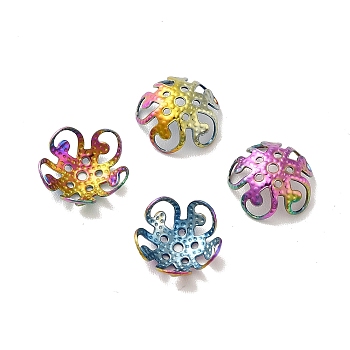 Ion Plating(IP) 304 Stainless Steel Bead Caps, Flower, 5-Petal, Rainbow Color, 10x10.5x4mm, Hole: 0.6mm