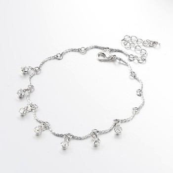 Trendy Brass Rhinestone Charm Anklets, with Alloy Lobster Claw Clasps, Platinum, 200mm